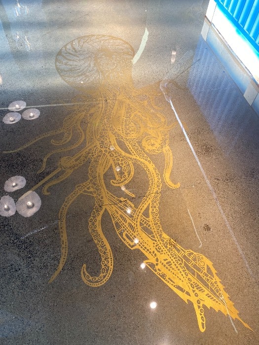 Epoxy floor closeup of octopus stencil in Boston, MA.